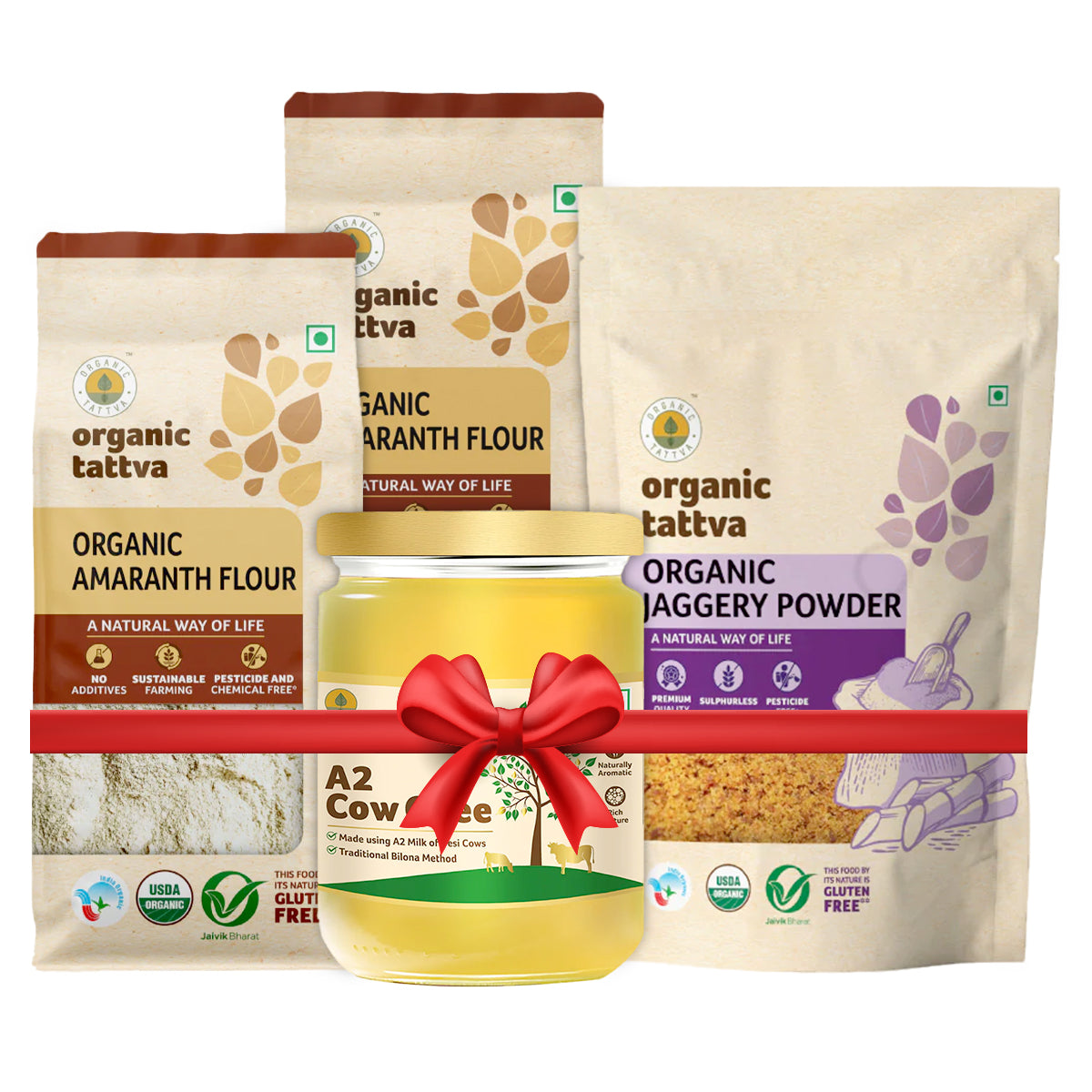 Sattvik Essentials Combo Pack - Amaranth flour, A2 Cow Ghee and Jaggery powder