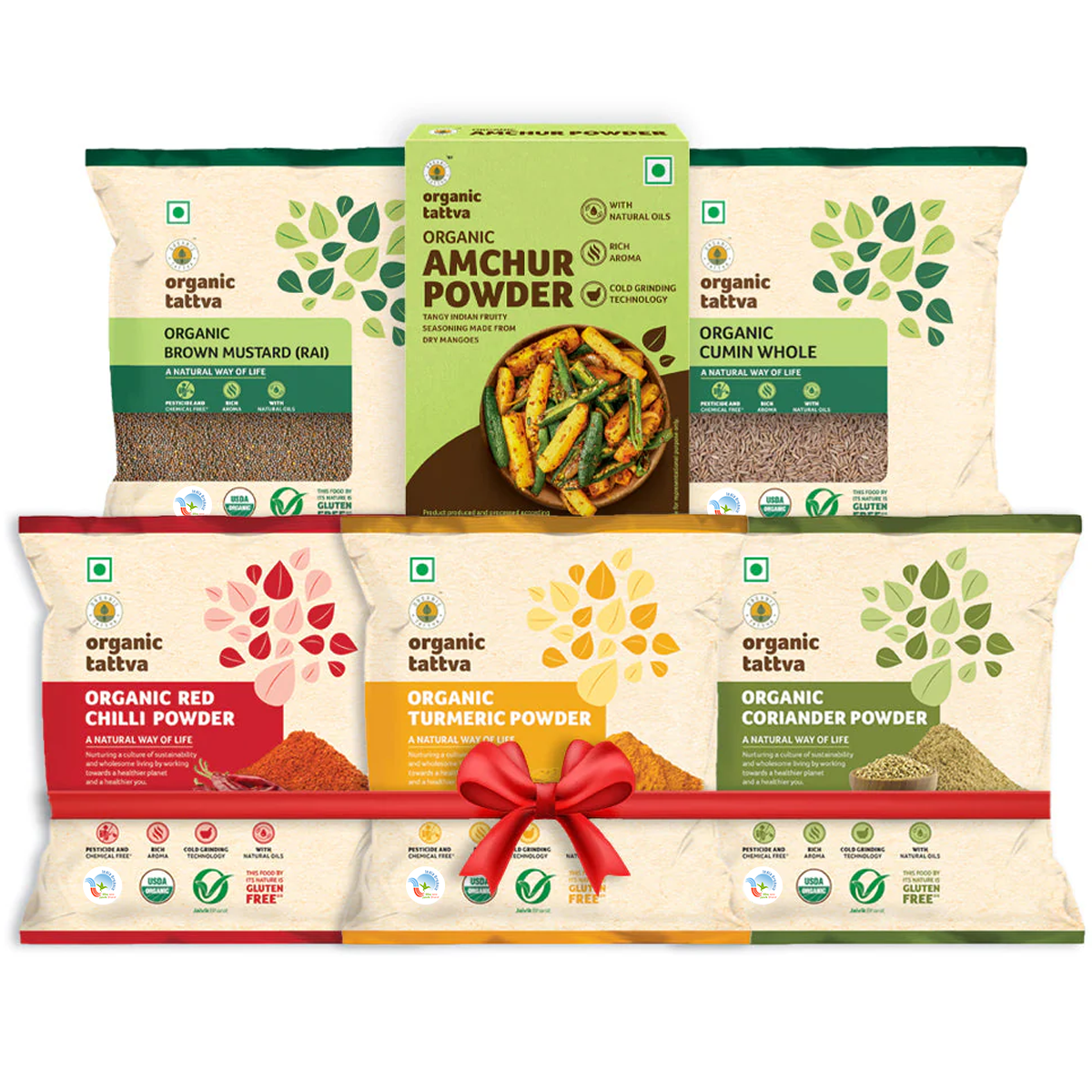 Everyday Spices - Turmeric powder, Red chilli powder, Coriander powder, Cumin whole, Brown mustard, Amchur powder