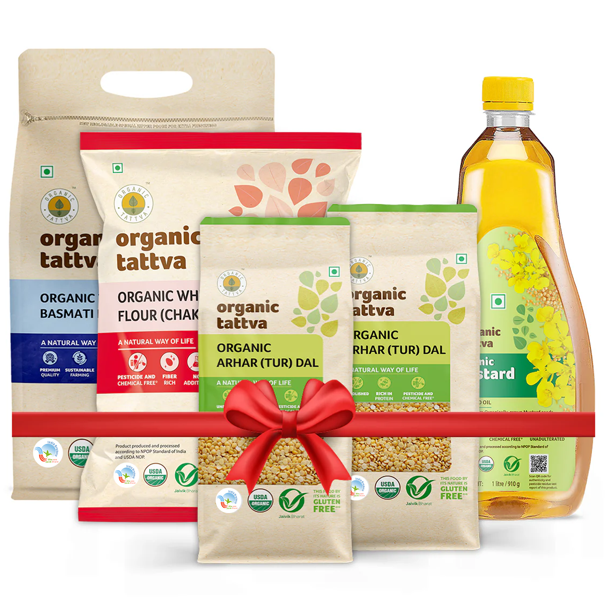 Rasoi Essentials Pack - Chakki Atta (Whole Wheat) – 5kg, Cold-Pressed Mustard Oil – 1L, Traditional Basmati Rice – 5kg & Arhar Dal – 1kgx2