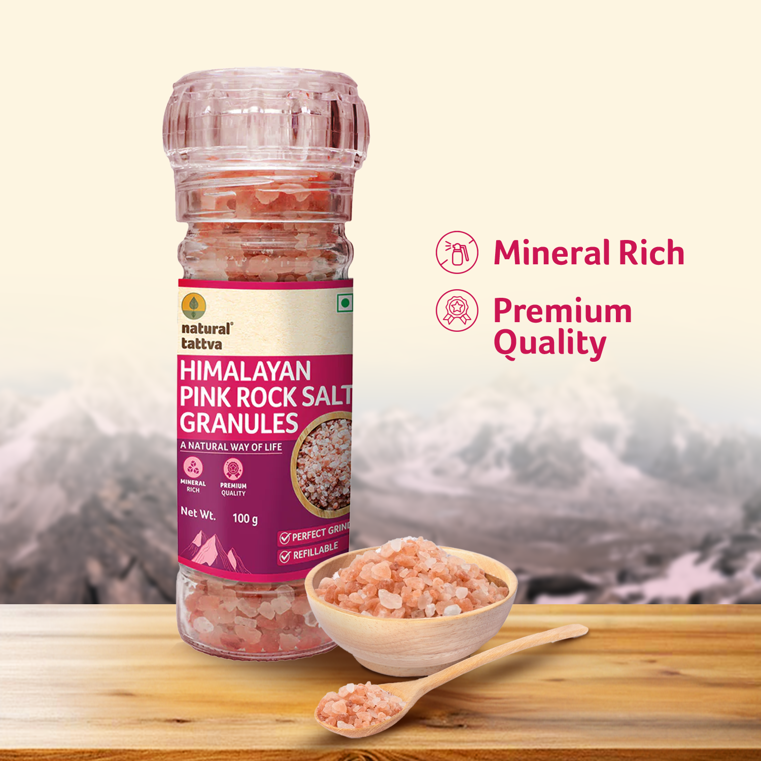 NATURAL TATTVA Himalayan Pink Rock Salt Granules, Grinder