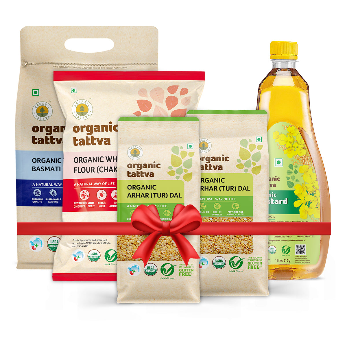 Diwali Rasoi Essentials Pack - Chakki Atta (Whole Wheat) – 5kg, Cold-Pressed Mustard Oil – 1L, Traditional Basmati Rice – 5kg & Arhar Dal – 1kgx2