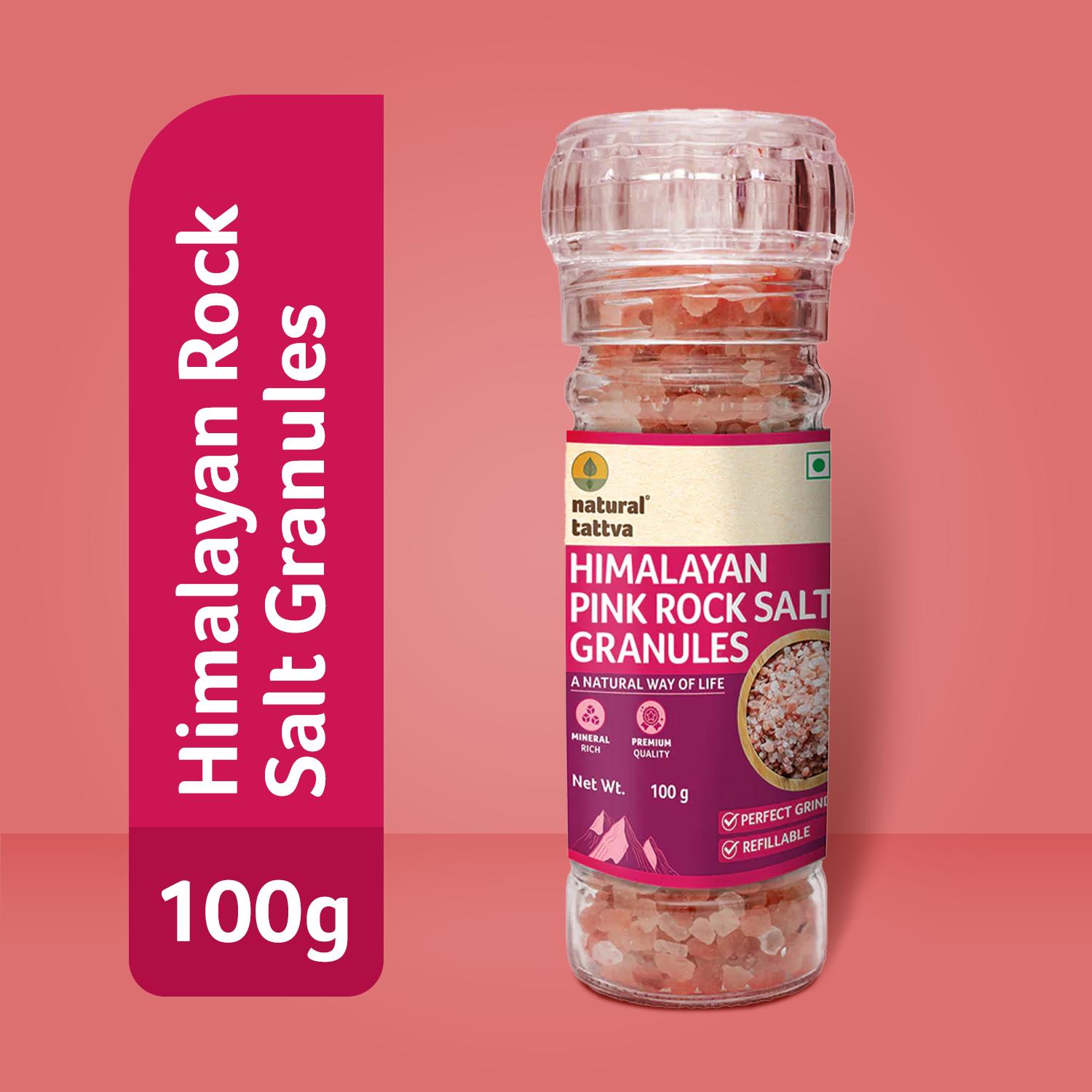 NATURAL TATTVA Himalayan Pink Rock Salt Granules, Grinder