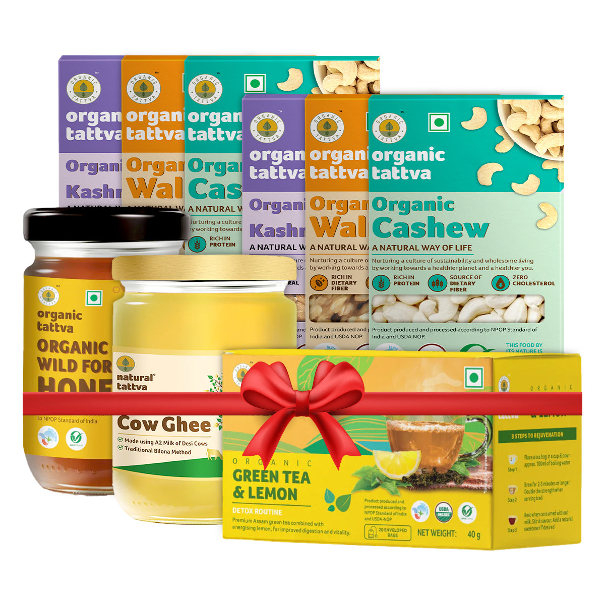 Shubh Upahaar Hamper (Premium Gifting) -  Mixed Dry Fruits (Cashew, Walnut, Almonds) – 300gx2, A2 Cow Ghee – 500ml, Wild Forest Honey – 500g, & Organic Tea/Green Tea – 40g