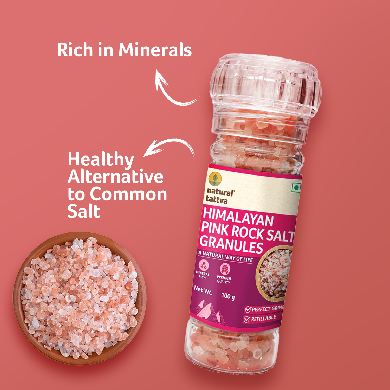 NATURAL TATTVA Himalayan Pink Rock Salt Granules, Grinder