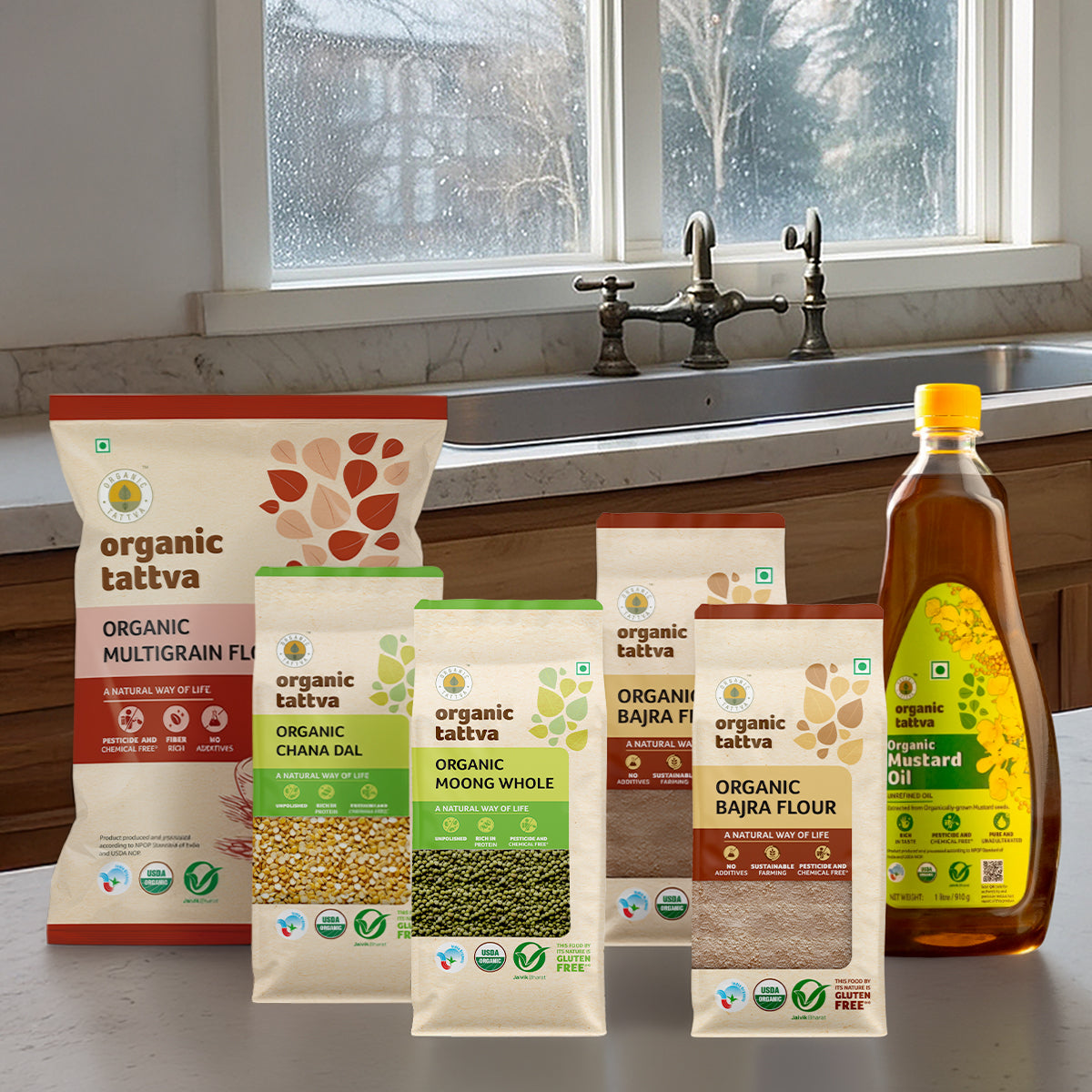 Organic Tattva Winter Kitchen Essentials Family Pack – Mustard Oil, Pulses, Bajra & Multigrain Atta Combo (High Protein, 100% Organic)