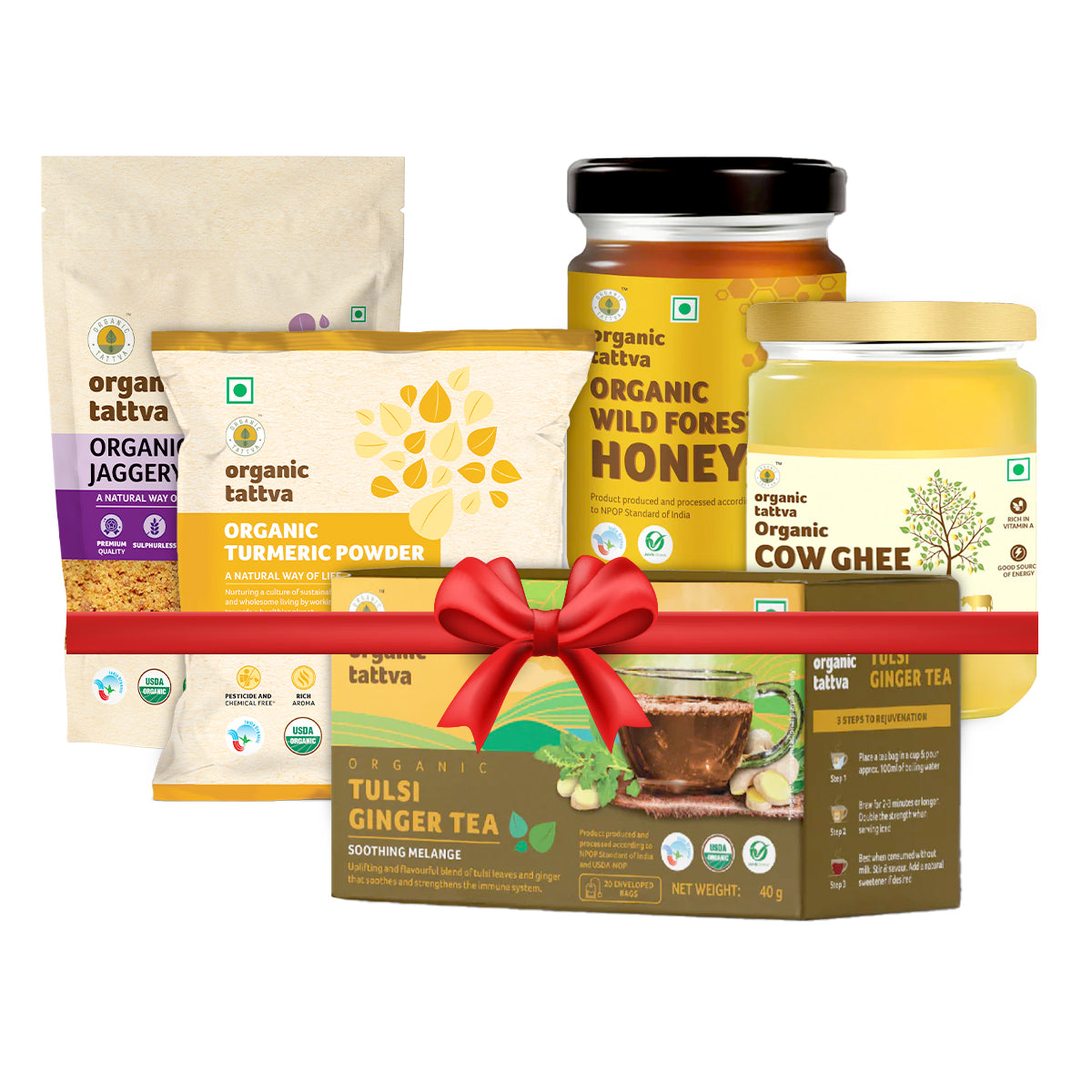 Organic Tattva Winter Wellness Deluxe Combo – Immunity & Energy Booster Kit with A2 Ghee, Turmeric, Jaggery, Honey & Herbal Tea (100% Organic)